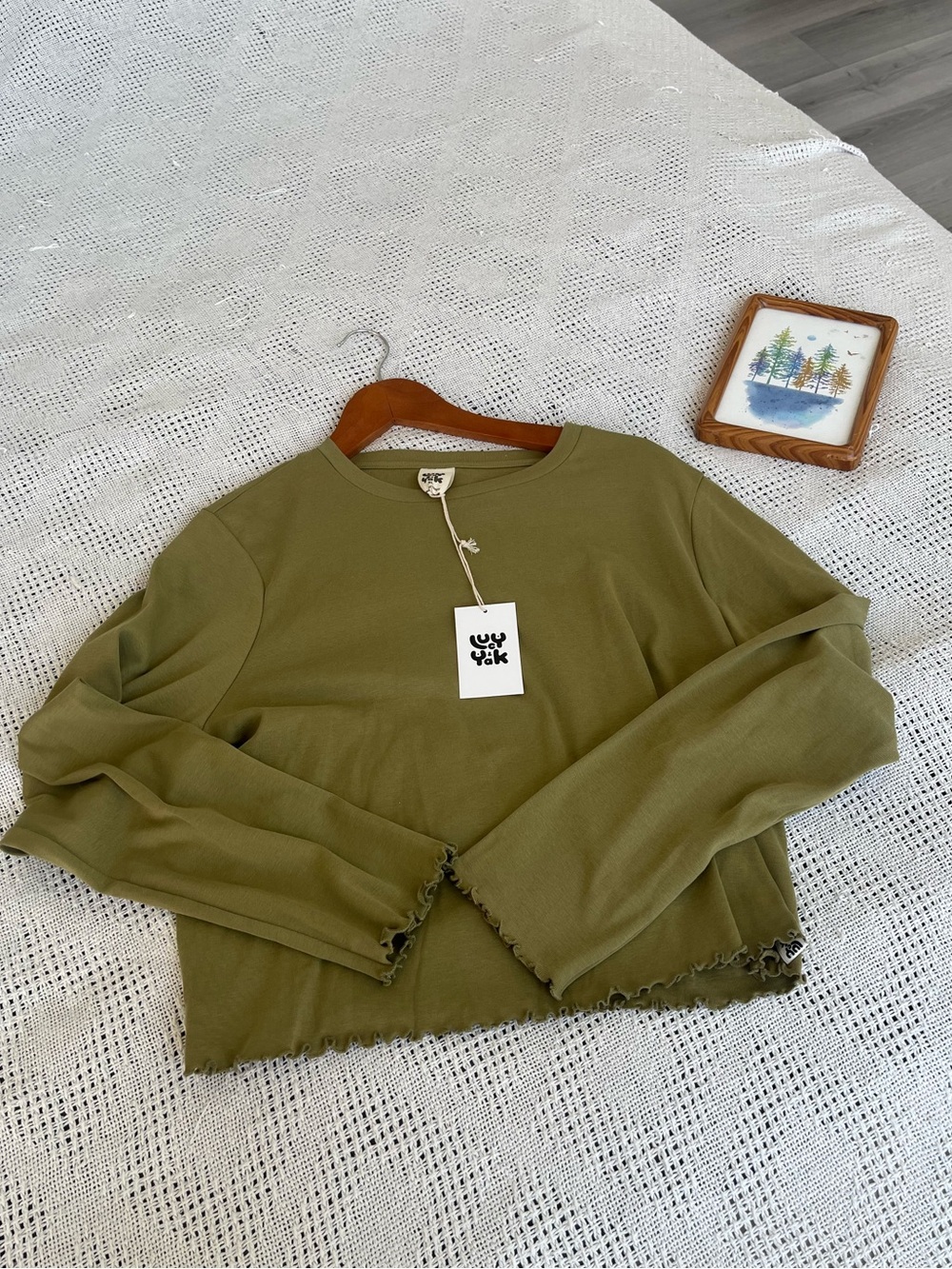 Lucy & Yak Olive Ruffle-Trim Long Sleeve Top